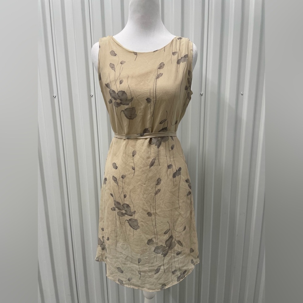 Vintage Cream Gray Floral Silk Chiffon Belted Mini Dress Feminine Fairycore 90s‎